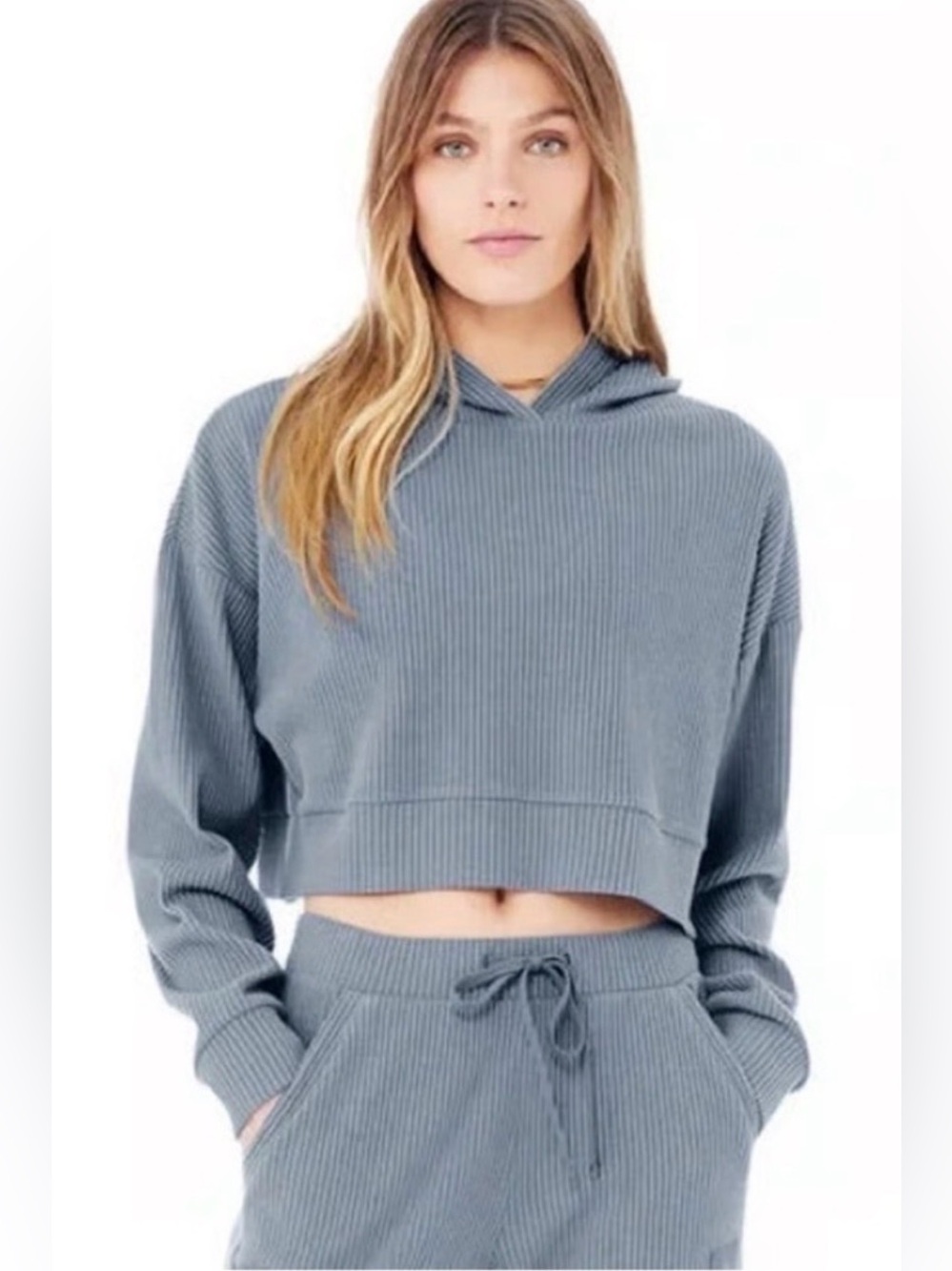 ALO Yoga Ribbed Cropped Muse Hoodie in Light Blue (Celestial Blue)